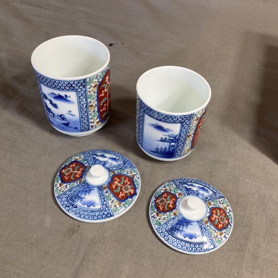 柿右衛門】赤絵の伝統人間国宝十三代酒井田柿右衛門作間取山水地紋組湯呑